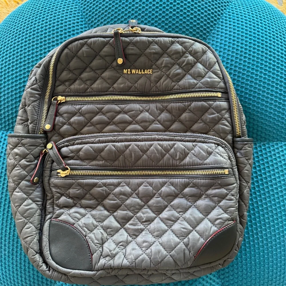 MZ Wallace Quilted Gray Backpack with Gold Hardware